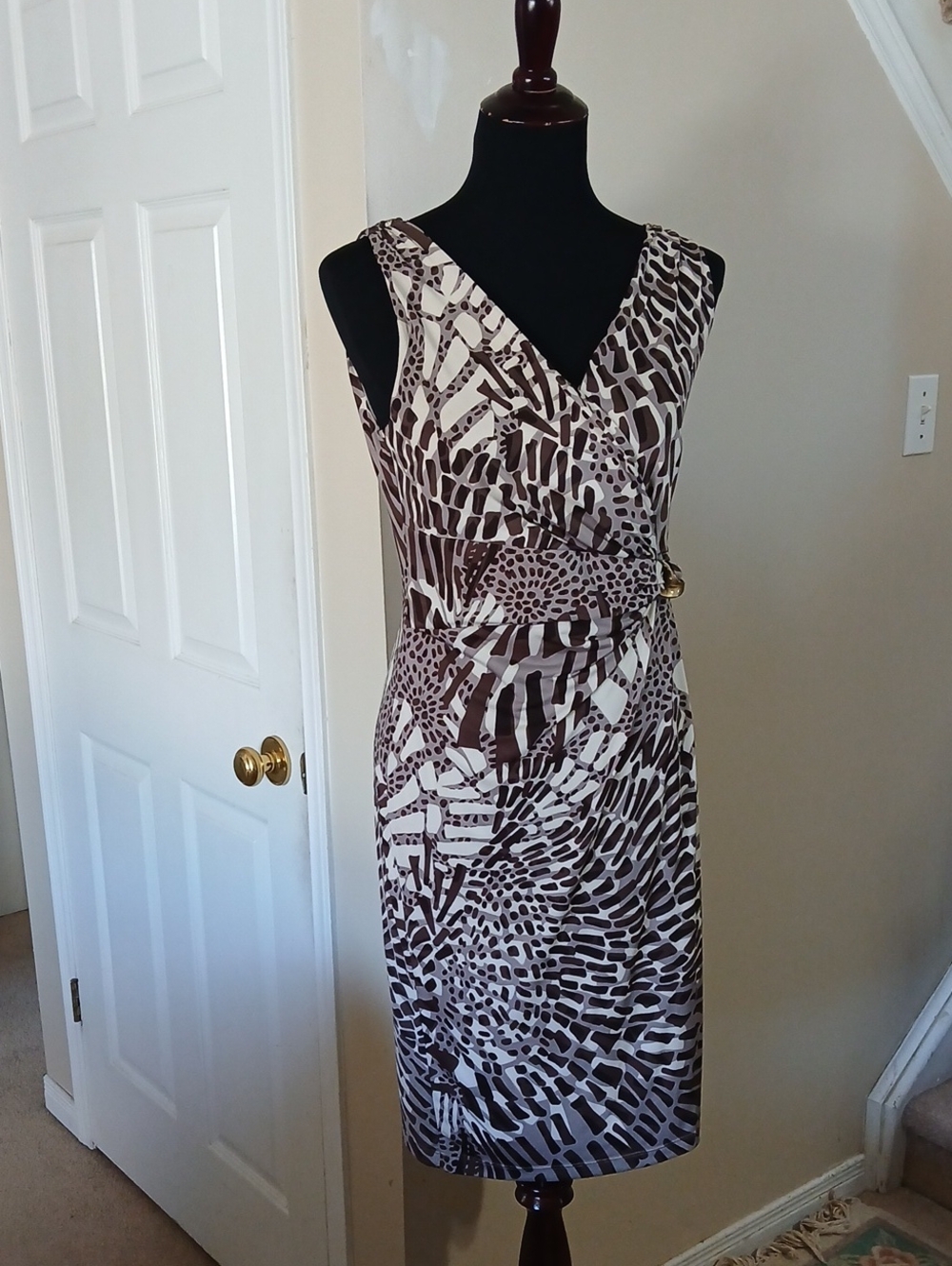 Sleeveless Brown & White Faux-Wrap Sheath Dress